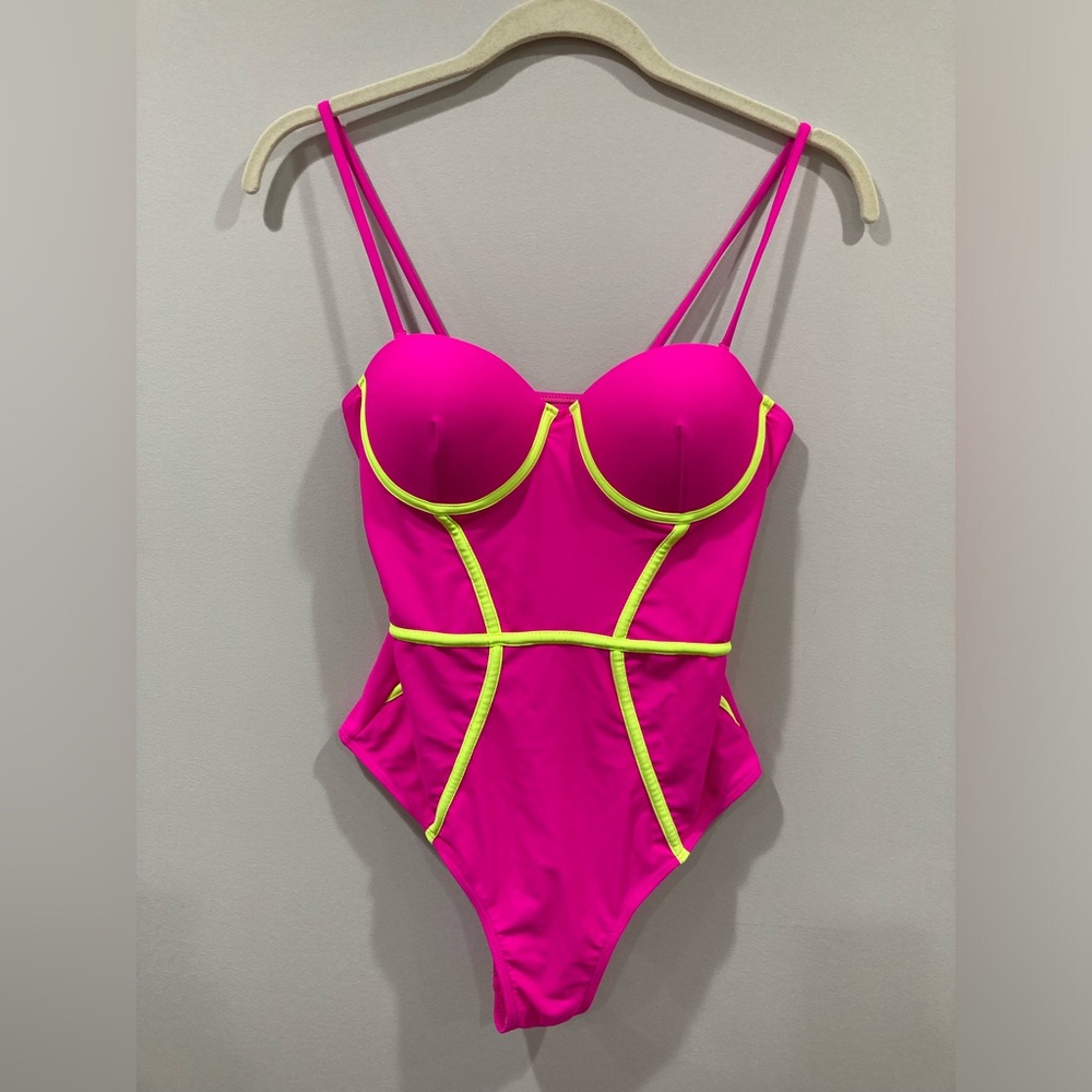 Vibrant Pink and Yellow One Piece Swimsuit Spaghetti Strap Strapless Small